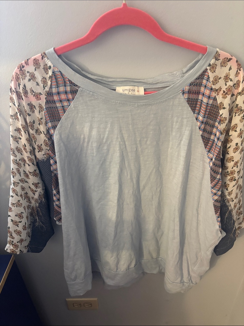 Umgee Light Blue Raglan Pullover with Plaid and Floral Sleeves